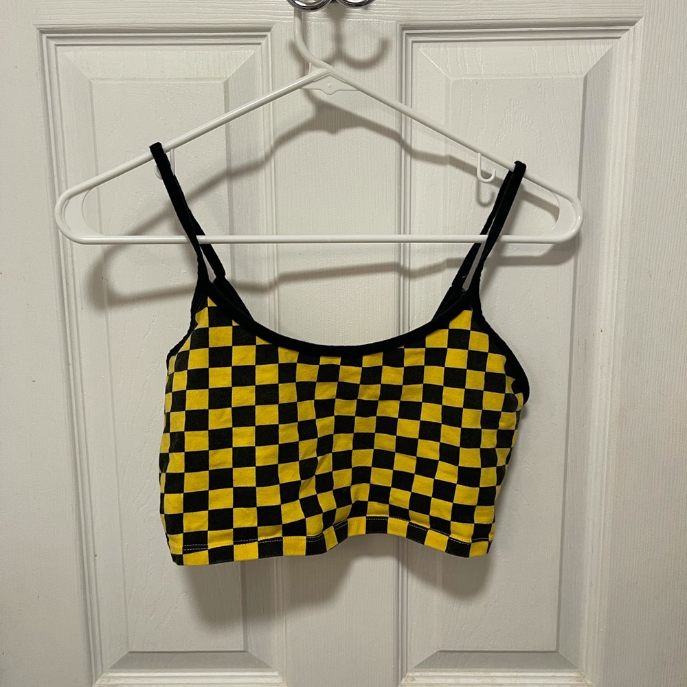 Yellow and Black Checkered Cropped Tank Top